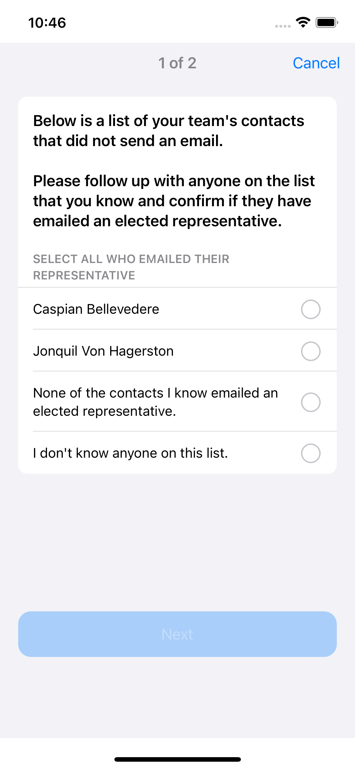 Who emailed an elected representative survey question